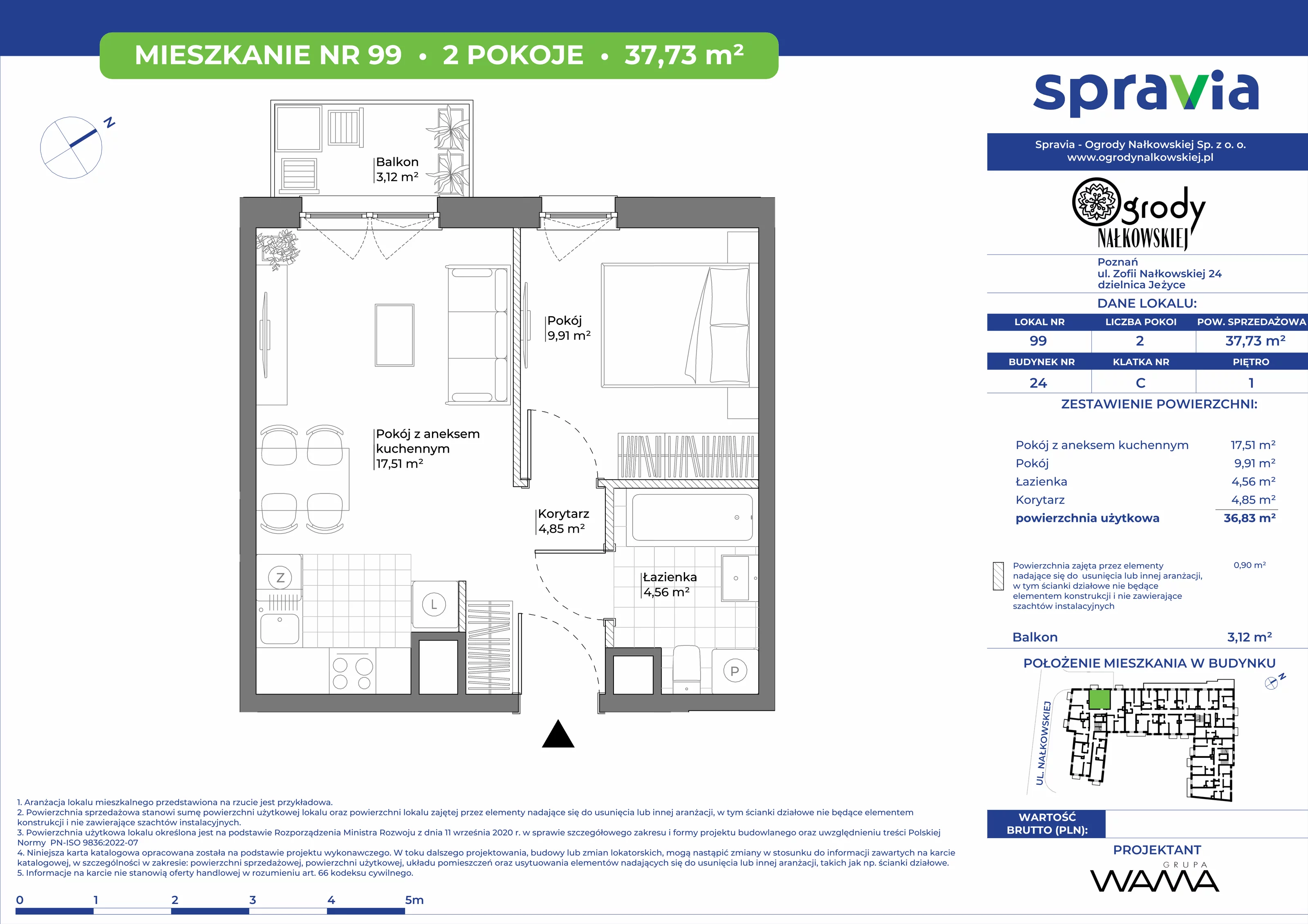 2 pokoje, mieszkanie 37,73 m², piętro 1, oferta nr 24-99, Ogrody Nałkowskiej, Poznań, Ogrody, ul. Nałkowskiej 24, 26